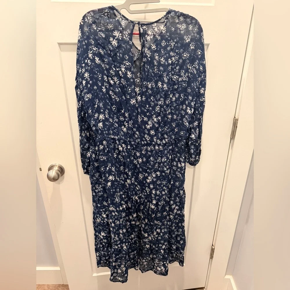 Free People Navy Blue Floral Midi Dress XS Long Sleeve Boho Peasant